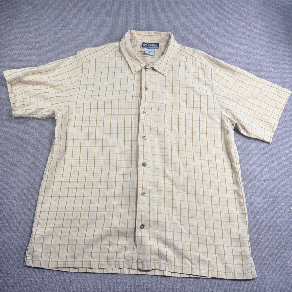 Columbia‎ XCO Mens Large Short Sleeve Button Up Shirt Tan Yellow Plaid Ripstop